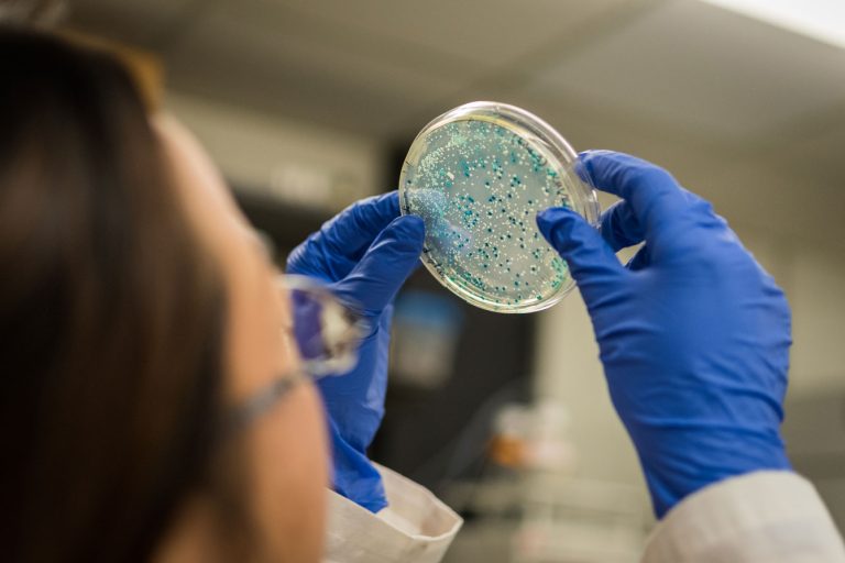 mujer doctora con una muestra de microbiota